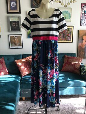 HAZEL BLUES size XL Mixed Patterns Stripes & Floral Print Jersey Maxi Dress Boho